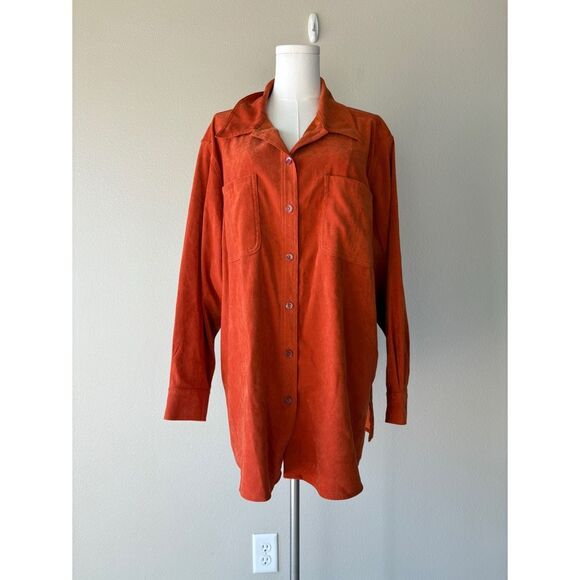 basic editions 90s faux suede burnt orange button front long sleeve shirt - Picture 2 of 6